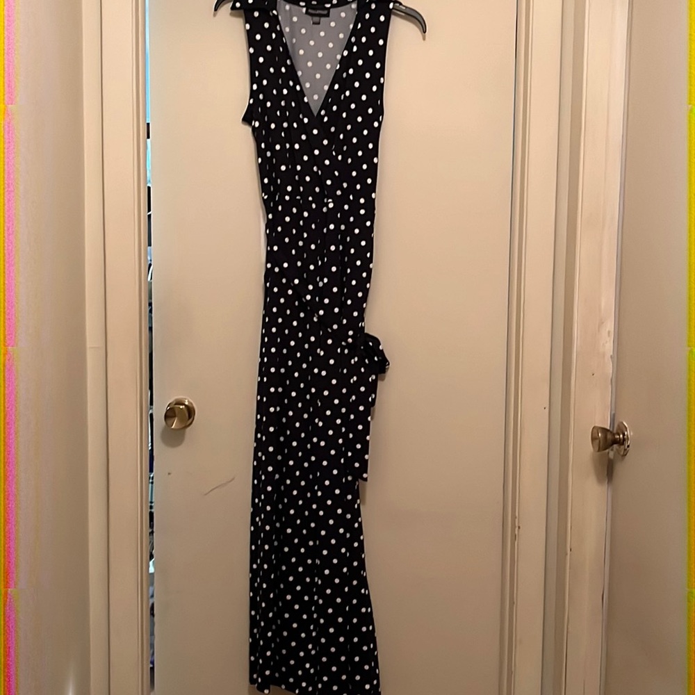 Nina Leonard Navy Polka Dot Tie Waist Jumpsuit